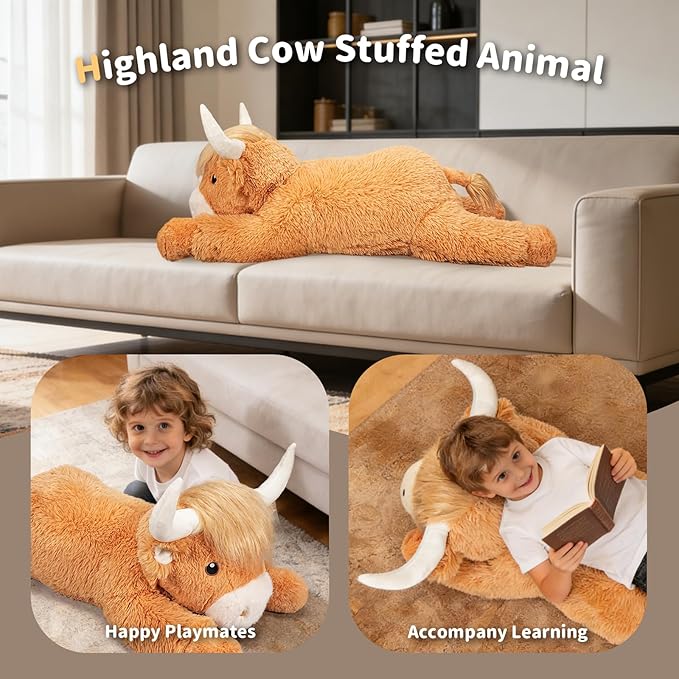 39 Inch Giant Highland Cow Stuffed Animal, Big Cattle Plushie Toy for Kids & Adults, Fluffy Large Size Stuffed Cow Hugging Pillow Gifts for Birthday (Yellow)