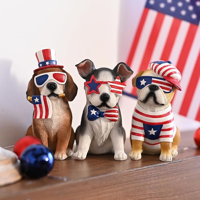 Valery Madelyn 4th of July Puppy Decorations, Memorial Day Decor for Home, Large 3Pcs Patriotic USA 250th Anniversary Decorations, Stars and Stripes Dogs Figurine for Independence Day Labor Day