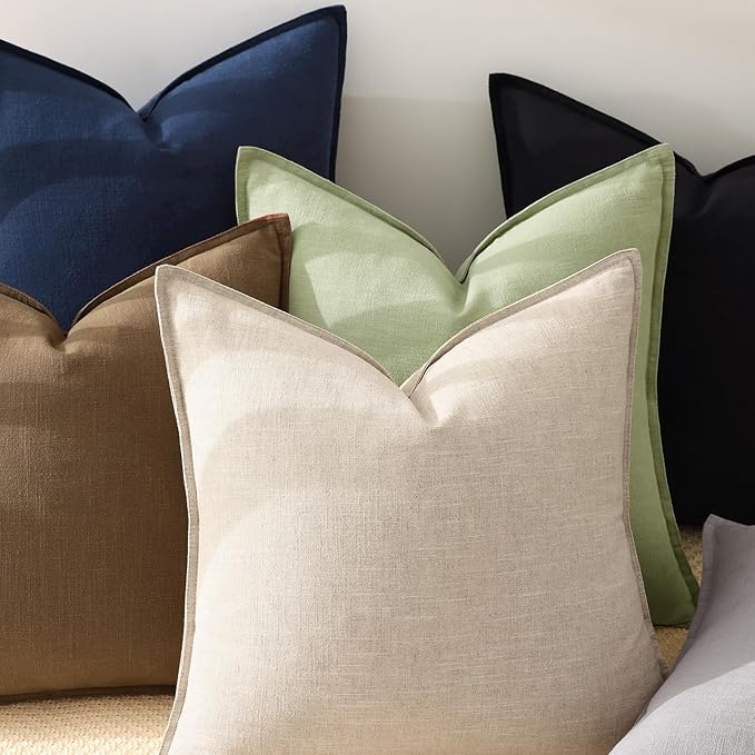 decorUhome Summer Decorative Linen Throw Pillow Covers 20x20 Inch Set of 2 Natural Beige Pillow Covers with Flange Edges Soft Farmhouse Boho Accent Pillow Cases for Couch Bed Living Room