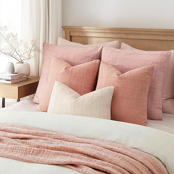 Foindtower Set of 2 Decorative Linen Check Throw Pillow Covers Neutral Farmhouse Vintage Cushion Covers Modern Boho Accent Home Decor for Sofa Chair Couch Bedroom Living Room,22×22 Inch,Coral Pink