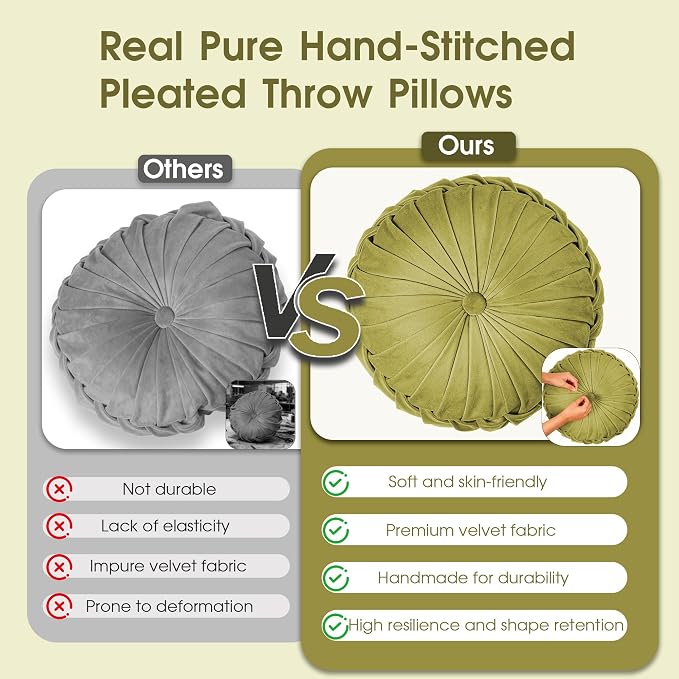 ROSE&RISY Round Pleated Velvet Throw Pillow, 2 Pack Decorative Accent Pumpkin Pillow Cushion for Couch Sofa Bed, Soft Plush Retro Vanity Throw Pillows for Home Decor, 14.5 Inch, Olive Green