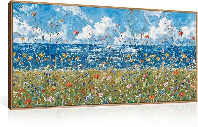 BICERE Large Blue Seaside Wildflower Framed Canvas Wall Art,Modern Nature Ocean Wall Decor,Rustic Sky Printing,White Cloud Landscape Artwork for Living Room,Bedroom,Dining Room-20"x40"x1