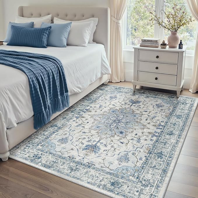 RELEANY Area Rugs 4'x6' Washable Non-Slip, Floral Vintage Distress Print Pattern Medallion Carpet for Living Room Bedroom Dining Room, Light Blue Navy Beige Gray White