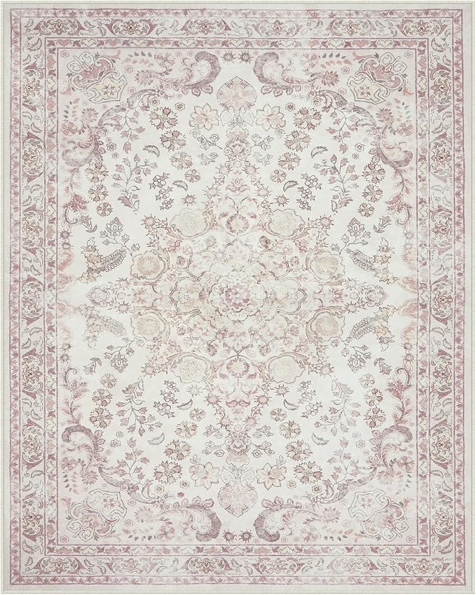 Wonnitar Floral Washable 8x10 Rug, Pink Area Rug for Bedroom Girls, Soft Non Slip Ultra-Thin Large Boho Vintage Home Decor Carpet for Living Room Nursery Dining Room Girl Room