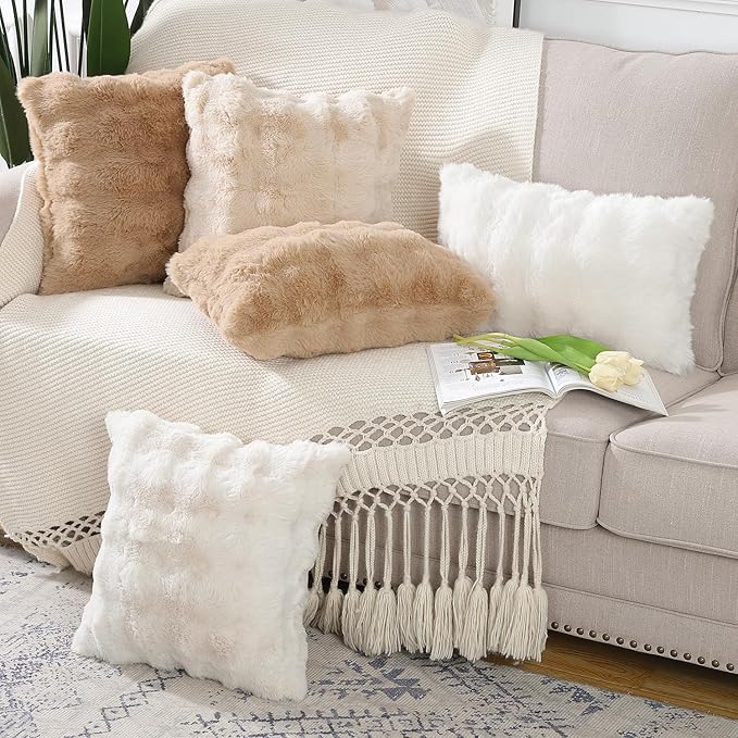 MADIZZ Pack of 2 Thick Plush Faux Wool Throw Pillow Covers Soft Boho Throw Pillows Luxurious Cushion Covers for Couch Sofa Bedroom Living Room Home Decor Euro Sham 24x24 Inch Cream