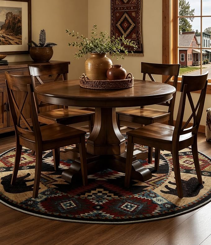 YIHOUSE Southwestern Round Rug 4ft, Low Pile Soft Circle Rug with Non-Slip Backing, Western Rustic Washable Rugs for Living Room, Bedroom
