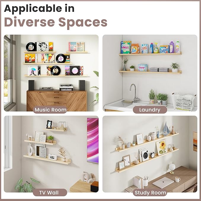 Floating Shelves for Wall, 24 inch Solid Wood Picture Ledge Shelf, Picture Shelf for Wall with Ledge, Floating Book Shelves for living room Bedroom Kitchen Nursery Decor, Natural Unfinished, Set of 2