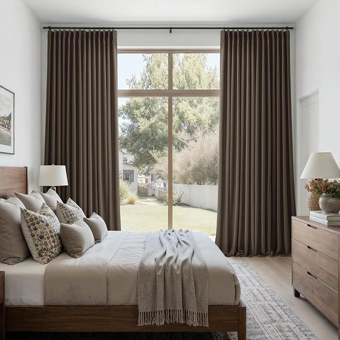 100 Inch Dark Chocolate Thick Linen Sliding Door Ceiling Curtains 2 Panels Set, Memory Shape Pinch Pleat Semi Sheer Light Filtering Living Room Bedroom Window Curtain with Hooks & Rings Brown Drapes