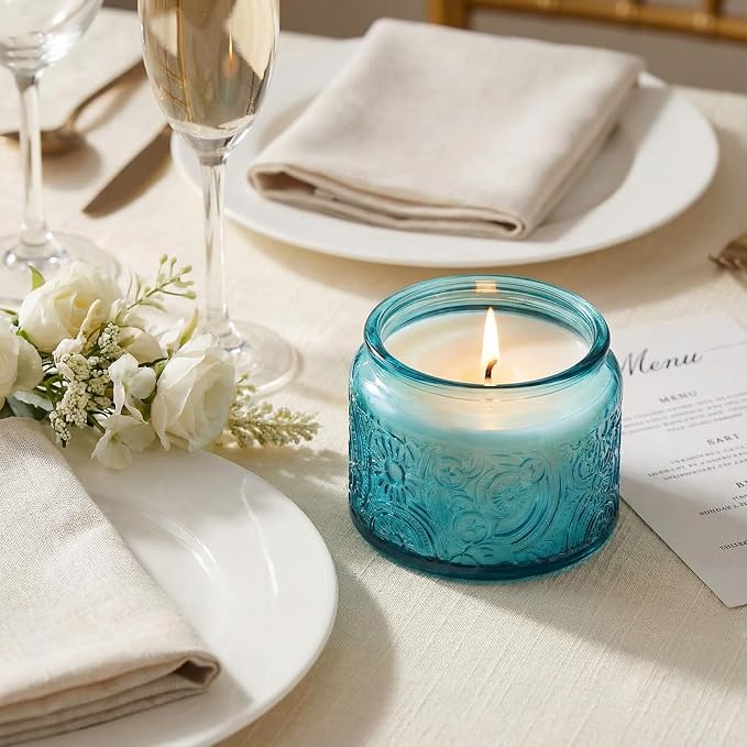 4 oz Blue Sun Moon Stars Candle Jars with Bamboo Lids, 18 Pack | Patented Embossed Design, Includes Wick Centering Devices & Warning Labels, Multiple Color Options