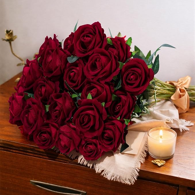 50 PCS Burgundy Roses Artificial Flowers, Fake Roses with Stem Realistic Silk Roses for DIY Wedding Bouquets Table Centerpieces Arrangements Baby Shower Birthday Home Decor Valentines Day Gift for Her