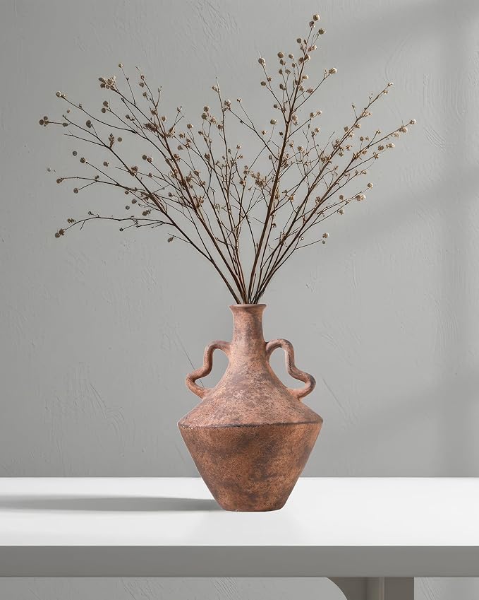 UPWOIGH 14x9.06in Vintage Ceramic Vase with Handles | Antique Terracotta Finish, Distressed Brown Tone, Black Markings, Rustic Farmhouse Décor, Gift Ready