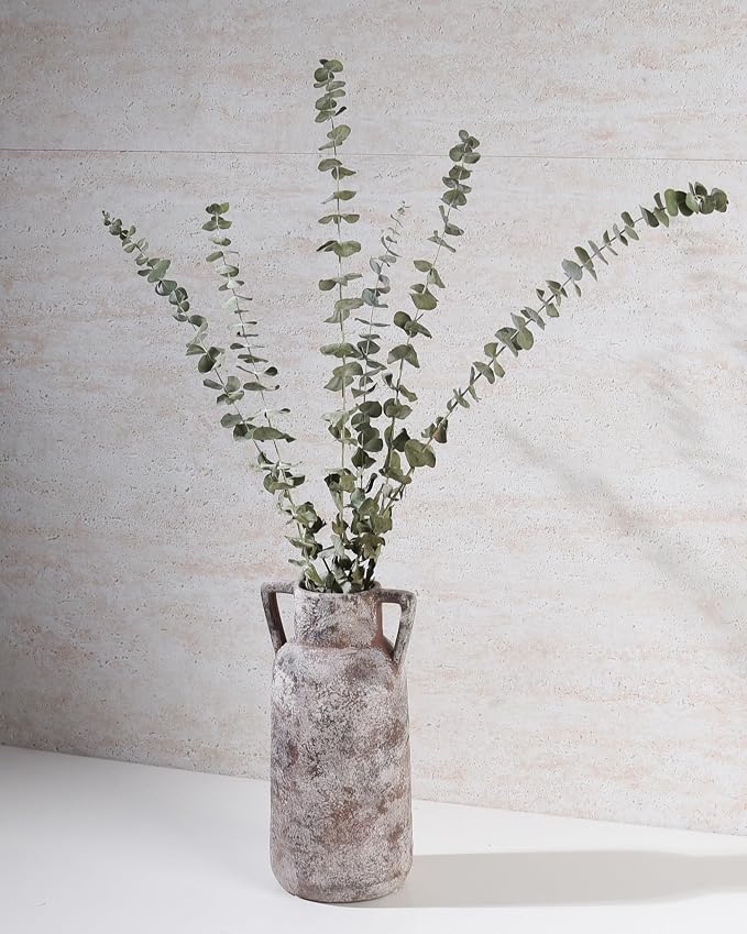 Ceramic Vase Set of 3 with Handles, Aged Terracotta Finish | Handmade Ceramic Vases with Glazed Interiors and Aged Terracotta Texture for Tables, Shelves, Mantels and Flowers