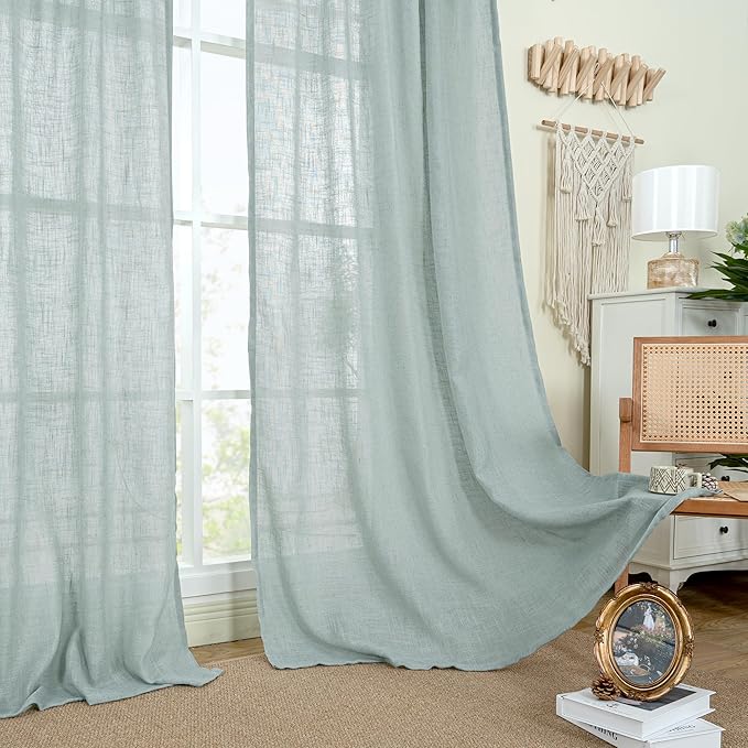 LAMIT Light Filtering Linen Curtains 24 Inch Length 2 Panels, Semi Sheer Window Panels Back Tab and Rod Pocket Neutral Drapes for Bathroom/Kitchen/Loft Room, Greyish Blue, 34 x 24 Inch