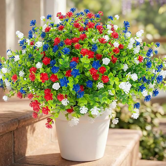 Hananona 48 Pcs Artificial Flowers Outdoor, Faux Artificial Plants UV Resistant Plastic PatrioticFlower for Hanging Planter Porch Window 4th of July Decor (48, Red, White, Blue)