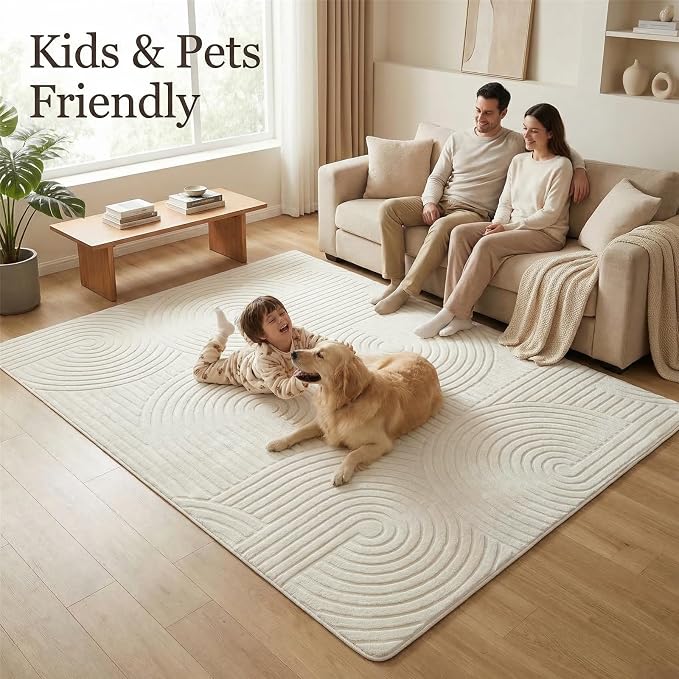 Beige 8x10 Solid Color Area Rugs – Washable Living Room Rug, Modern Geometric Non-Slip Indoor Carpet with Soft High-Low Pile, Fluffy Floor Rugs for Bedroom, Kids Room, Nursery, Home Décor
