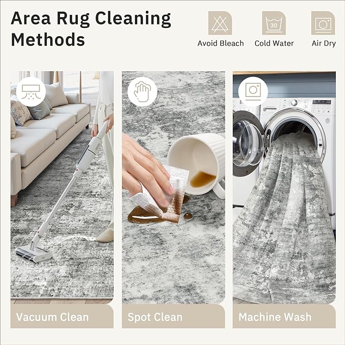 Soalmost 6x9 Abstract Area Rugs for Living Room 6 x 9 Washable Non Slip Low Pile Gray Rugs for Bedroom Dining Room Foldable Thin Gray White
