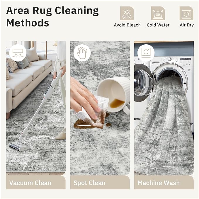 Soalmost 6x9 Abstract Area Rugs for Living Room 6 x 9 Washable Non Slip Low Pile Gray Rugs for Bedroom Dining Room Foldable Thin Gray White