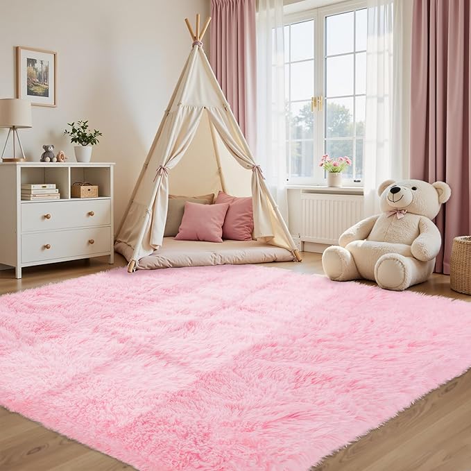 Fluffy Pink Area Rug for Bedroom Living Room Soft 8x10 Fuzzy Washable Rugs Non-Shedding Indoor Plush Rug for Nursery Kids Room Dorm Room Home Decor, High Pile Shaggy Floor Carpets(Pink 8'x10')