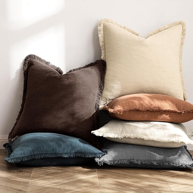 MIULEE Decorative Throw Pillow Covers Neutral Linen Fringe Throw Pillows Set of 2 Dark Brown Boho Farmhouse Cushion Covers with Tassels for Couch Sofa Bed Living Room Spring Decor 18x18 Inch