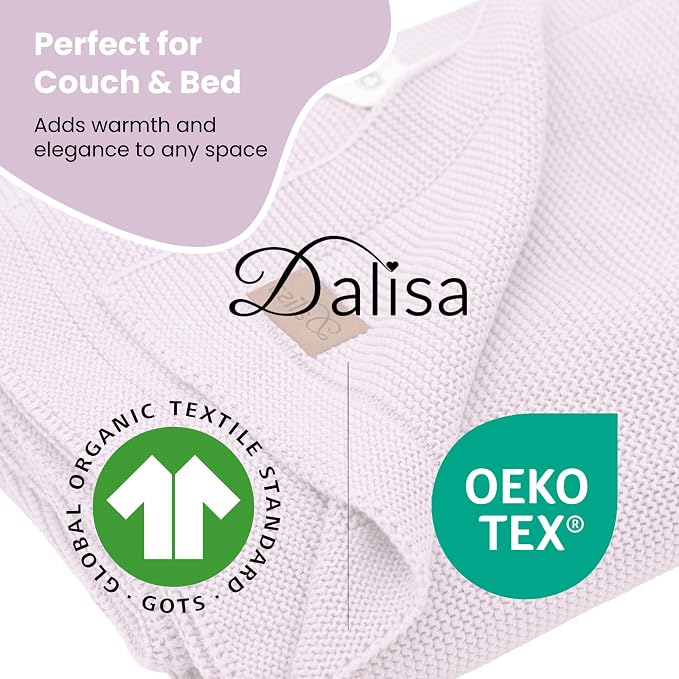 Dalisa 100% Organic Turkish Cotton Throw Blanket Lavender Frost– GOTS Certified, Cozy, with Reusable Cotton Gift Bag – Perfect for Couch, Bed, and Home Decor – Boho Vintage Knit Alina