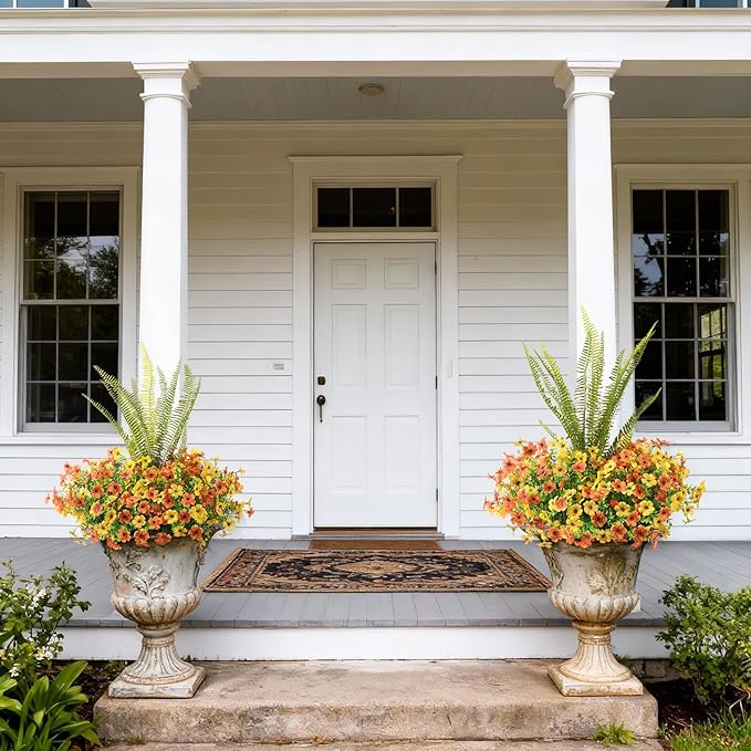 INQCMY Artificial Flowers for Outdoor 12 Pcs Faux Silk Daisy and 1 Pcs Fake Long Leaved Grass UV Resistant Tall Ferns for Home Doorway Courtyard Garden Backyard Decorative (Orange Yellow)