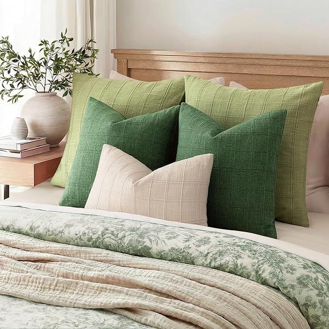 Foindtower Set of 2 Decorative Linen Check Throw Pillow Covers Neutral Farmhouse Vintage Cushion Covers Modern Boho Accent Home Decor for Sofa Chair Couch Bedroom Living Room,24×24 Inch,Forest Green