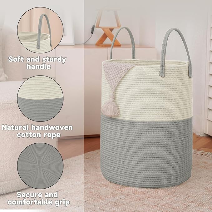 JMvicyroam Large Woven Laundry Basket Hamper,60L Cotton Rope Storage Bin for Blankets,Toys and Clothes,Decorative Tall Nursery Hamper for Living Room,Baby Nursery,Bathroom and Bedroom,White and Grey