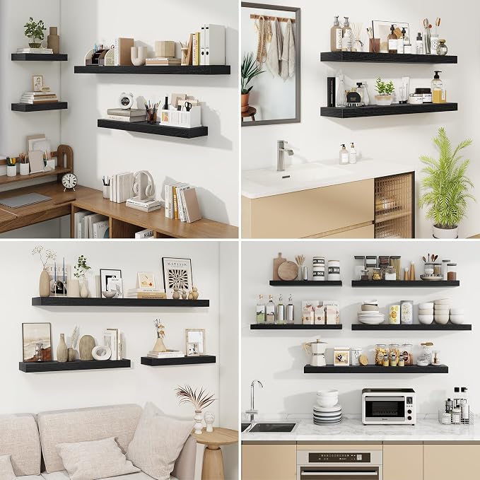fuqing Floating Shelves for Wall, Wall Mounted Wood Floating Shelf with Invisible Brackets for Living Room, Bathroom, Bedroom, Kitchen Storage and Decor, 24 Inch Set of 2, Black
