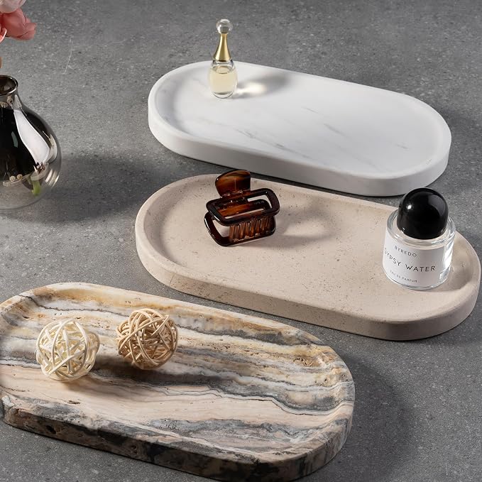 Koville Natural Marble Tray for Bathroom, Vanity Decorative Marble Trays for Countertop Organizer, Catchall Trays for Perfume, Candles, Jewelry, Stone Tray for Decor(Moca Crema Yellow)