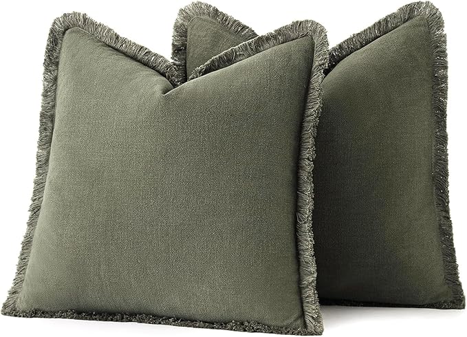 MIULEE Decorative Throw Pillow Covers Neutral Linen Fringe Throw Pillows Euro Shams Set of 2 Olive Green Boho Farmhouse Cushion Covers for Couch Sofa Bed Living Room Spring Home Decor 22x22 Inch