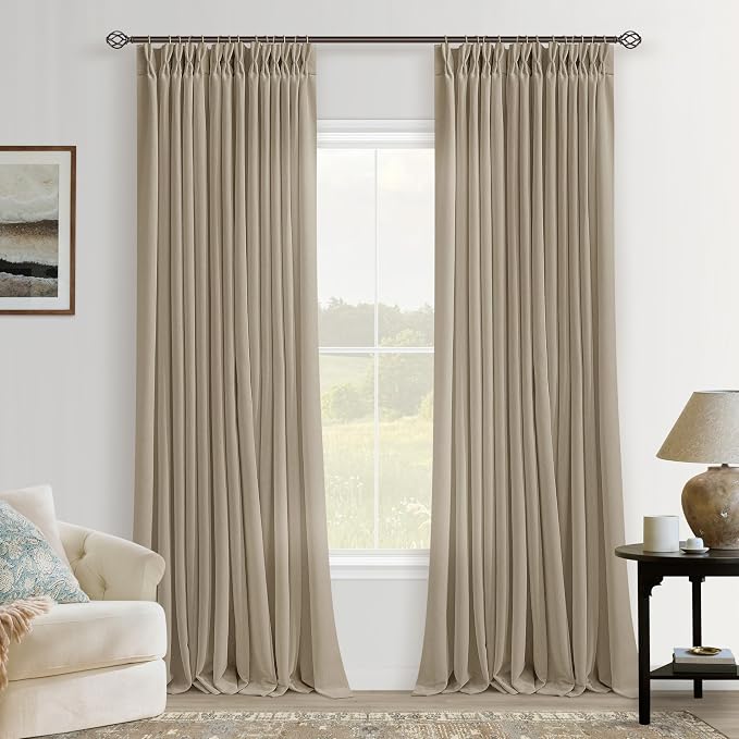 Pinch Pleated Tan Curtains 80 Inches Long for Sliding Glass Doors 2 Panels Set Burlap Flax Linen Light Filtering Window Drapes with Hooks Rings for Living Bedroom 80 Inch Length Khaki Brown Camel
