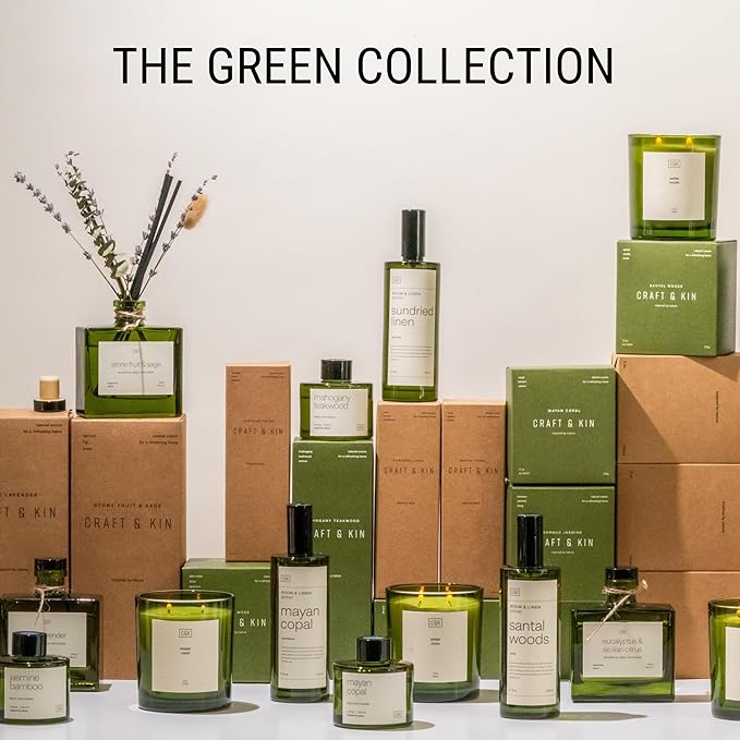 Craft & Kin Santal Woods Christmas Reed Diffuser | All Natural Essential Oil & Rattan Scent Sticks | Holiday Reed Diffusers for Home, Bathroom | Long Lasting Home Fragrance in Green Glass, 3.4oz