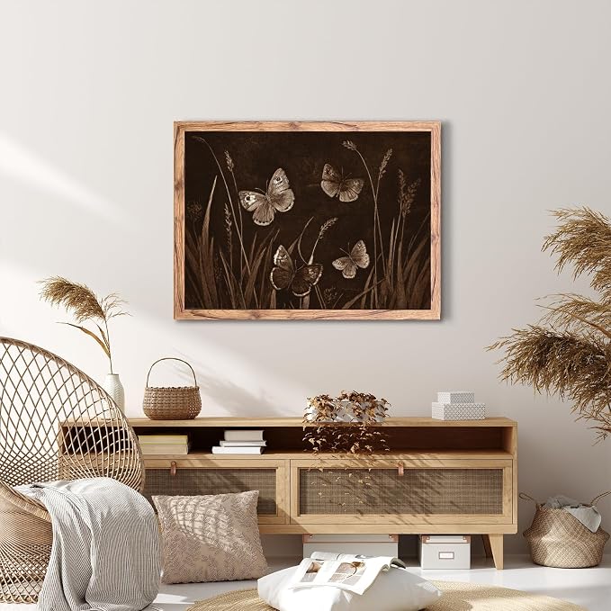 KBBYT Large Framed Wall Art Dark Academic Decor Vintage Butterfly and Grass Poster Canvas Print Rustic Farmhouse Painting Picture Wall Decor for Living Room Bedroom Home Kitchen 24x36inch Wood Framed