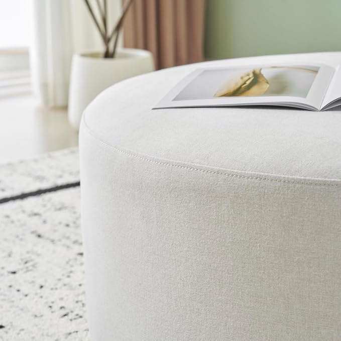 Christopher Knight Home Naylor Modern Fabric Round Ottoman, Living Room Upholstered Foot Stools Foot Rest, Modern Ottoman Coffee Table with Wooden Frame, White