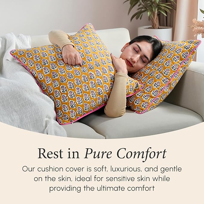 CPC 100% Cotton Throw Pillow Covers 16X16 Yellow Block Print Pattern Couch Pillow, Cute Boho Decorative Pillows for Living Room, Bedroom with Hidden Zipper- Yellow Citrine