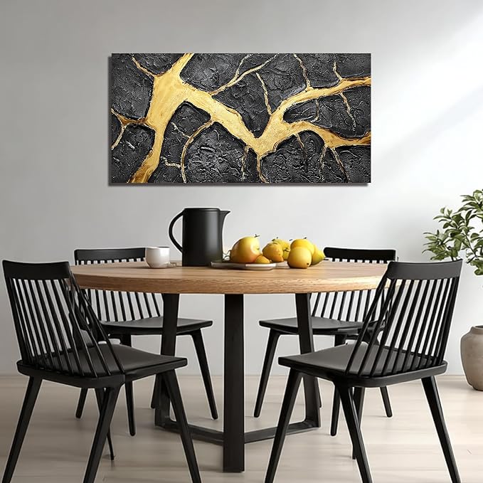 DNIEOTU Abstract Wall Art for Living Room, Black and Gold Hand-Painted Canvas Wall-Decor for Bedroom, 3D Textured Paintings, Size 40 x 20 Inches