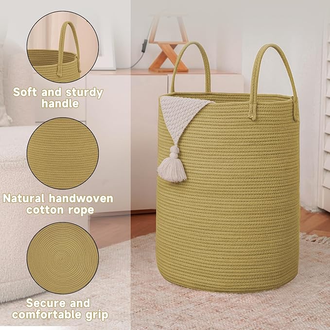 JMvicyroam Large Woven Laundry Basket Hamper,80L Cotton Rope Storage Bin for Blankets,Toys and Clothes,Decorative Tall Nursery Hamper for Living Room,Baby Nursery,Bathroom and Bedroom,Jute