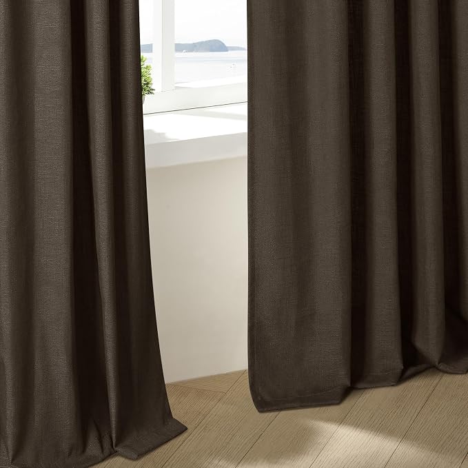 TWODRAPES Dark Chocolate Pinch Pleated Linen Curtains 2 Panels for Living Room Bedroom Memory Training Shaped Semi Sheer Pleat Drapes with Hooks Rings Light Filtering Window Curtain 40x45