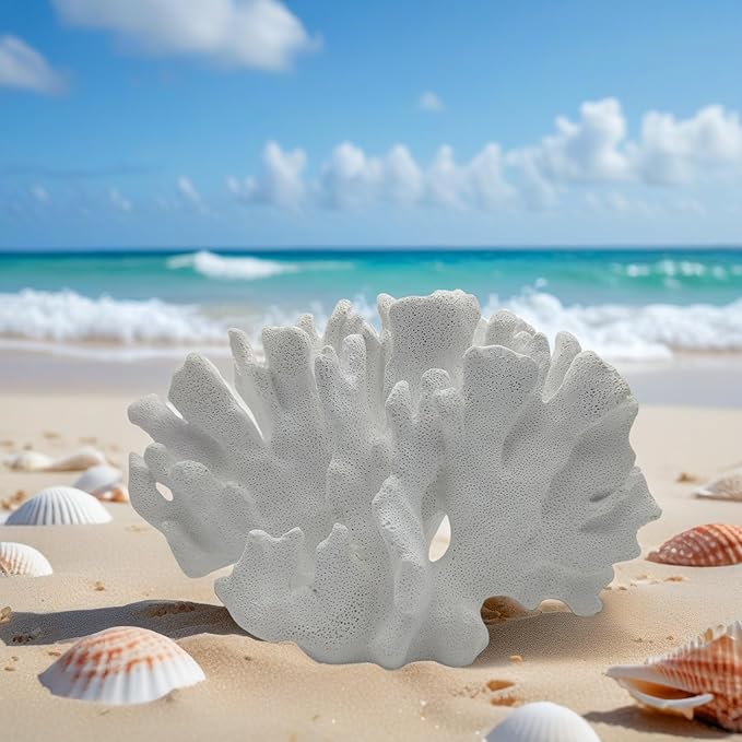 Etlemonde White Beach Coastal Fan Coral Decor Resin Statue - Faux Sea Coral Reef for Bathroom Shelf, Coffee Table, Nautical Minimalist Beach House Home Decor Accent
