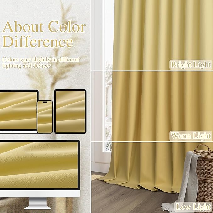 Guken Yellow 100% Blackout Linen Curtains 90 Inch Length 2 Panels Set for Living Room Bedroom Back Tab/Rod Pocket Thermal Insulated Black Out Drapes Room Darkening Farmhouse Window Curtains,52x90
