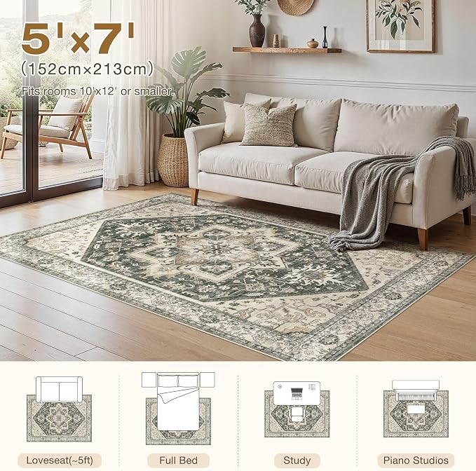 Area Rug for Living Room - 5x7 Washable Oriental Vintage Floral Large Soft Carpet - Fade Stain Resistant Non Slip Rugs for Bedroom Dining Room Nursery Dorm Office Home Decor - Vintage Green
