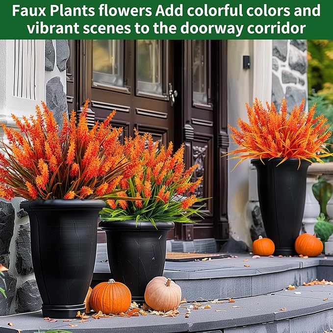 Nigirior Artificial Fall Flowers for Outdoor Plants 24 Bundles Fake Lavender Plastic Faux Monkey Grass for Verandah Window Garden Office Patio Front Porch UV Resistant for Planter(Autumn Orange)
