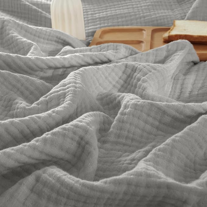 PHF 100% Cotton Muslin Blanket Twin XL Size 66"x90", 4-Layer Lightweight Gauze Throw, Breathable Cloud-Soft Minimalist Blanket for Bed, Couch, Camping & Baby, Light Grey, Ideal Gift