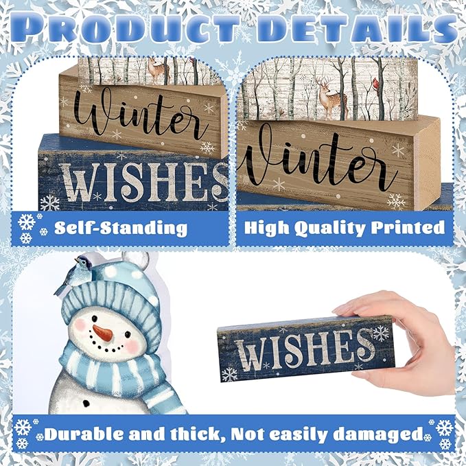 Lineshading 4 Pcs White Table Decor Wooden Snowman Blue and White Winter Tiered Tray Decor Christmas Table Centerpiece Wooden Rustic Snowman Block Sign Gifts Farmhouse for Home Kitchen Shelf