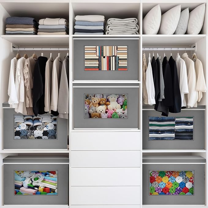 Threehoney 10 Pcs Fabric Storage Cubes with Lids and Clear Windows 17x12 Inch Foldable Closet Organizer Bins Aesthetic Dark Gray Storage Bins for Shelves Dorm Essentials Craft & Office Organization
