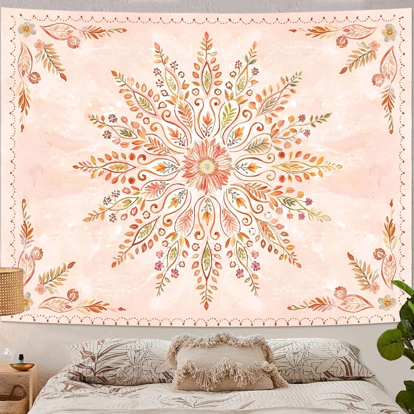 Lunerfex Floral Mandala Tapestry Boho Tapestry for Bedroom Orange Tapestries Wall Hanging Living Room Wall Art and Home Decor 44x60