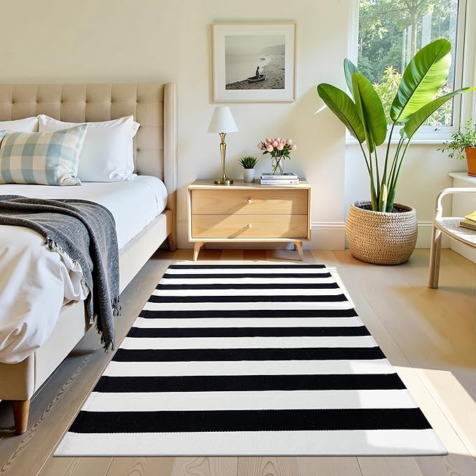 OLANLY Black and White Striped Rug 4' x 6' – Washable Cotton Indoor Outdoor Doormat for Front Door, Entryway, Kitchen, Porch, Patio Decor