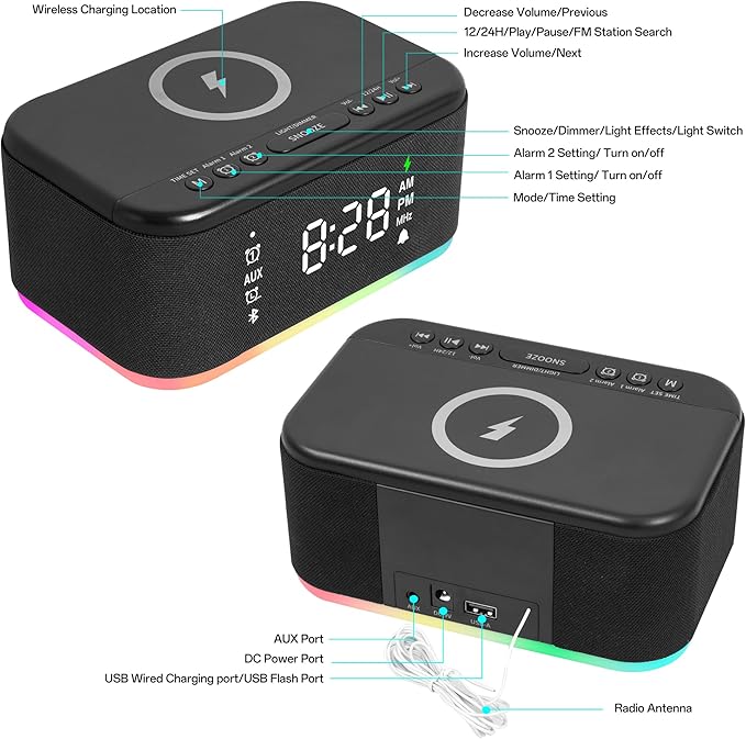 Bluetooth Alarm Clock Radio Bedroom, Digital Dual Alarm Clock Bedroom, Up to 10 Alarms Clock Night Light Speaker App/Button Control FM Charge Snooze Adjustable Brightness Dim 12/24H, Matte Black