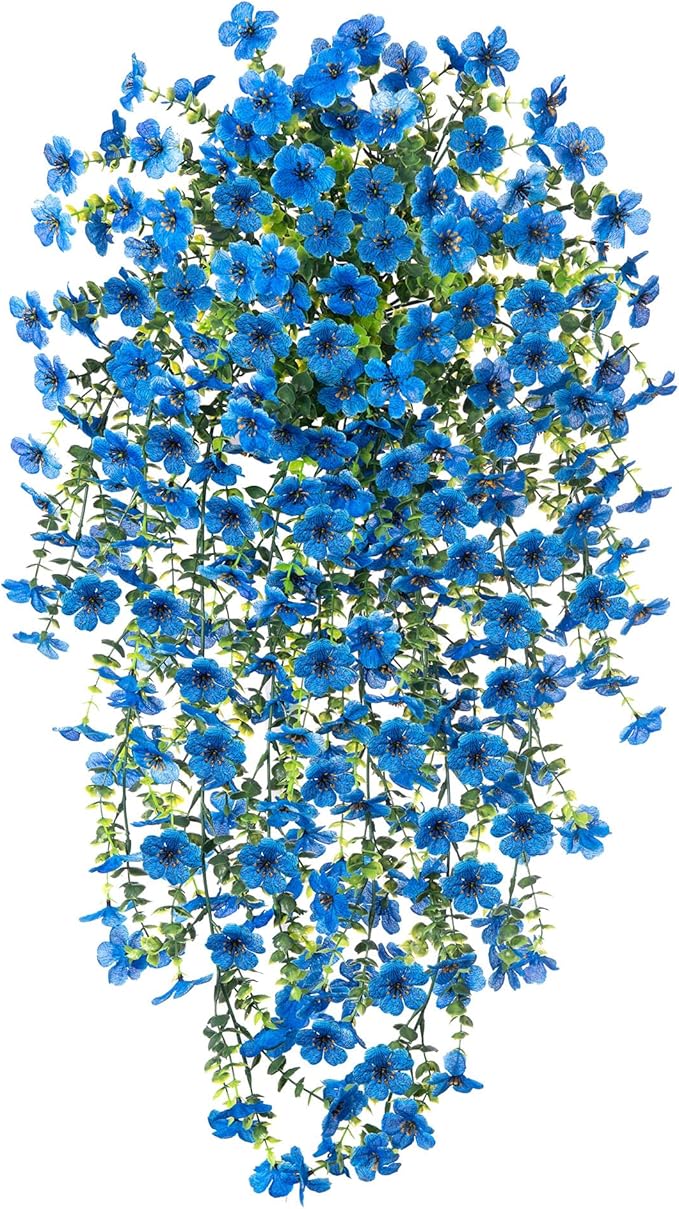 Ammyoo Artificial Hanging Flowers for Outdoors Faux Plants Spring Summer Decoration, 2 Pack Silk Colorful Daisy Realistic Fake Outdoor Flowers UV Resistant Porch Patio Window Yard Decor(Blue)