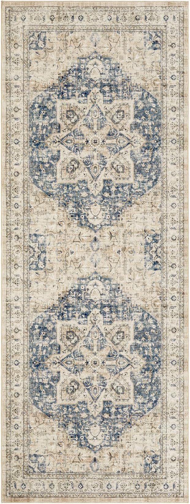 Tortania Area Rug 2x6 Runner Rugs - Washable Vintage Oriental Farmhouse Thin Indoor Carpet for Living Room Bedroom Hallway Entryway Kitchen Under Dining Table Home Office - Cream/Blue